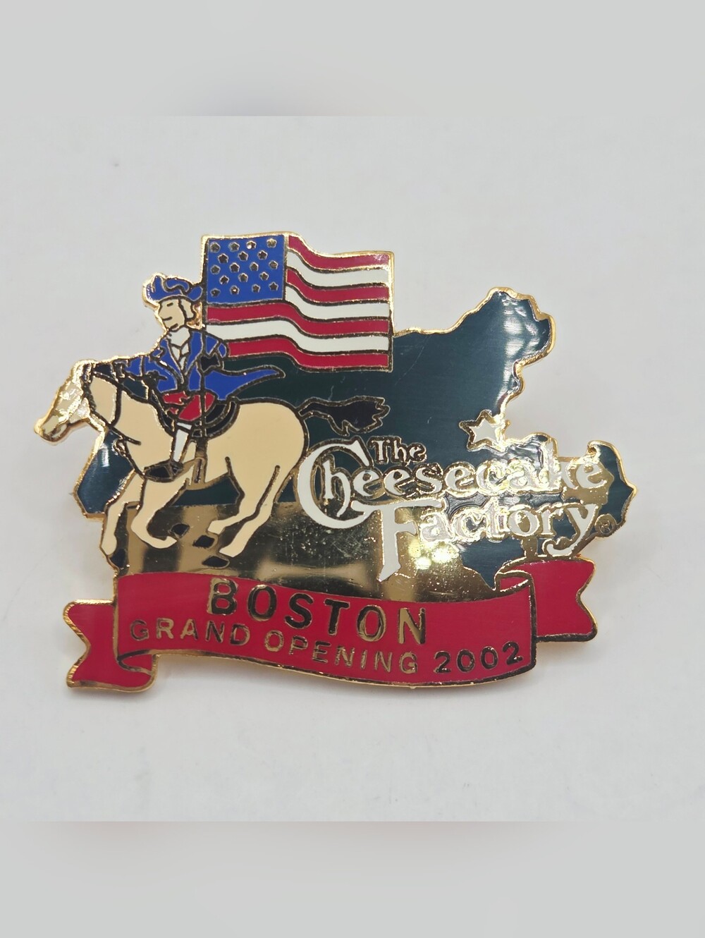 The Cheesecake Factory Boston Grand Opening 2002 Pin USA Flag Horse